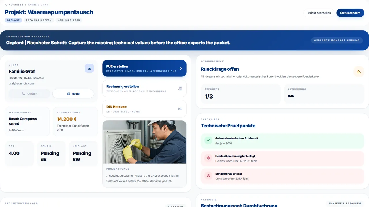 Projektakte mit Kunde, Technikdaten, Förderung und Dokumenten