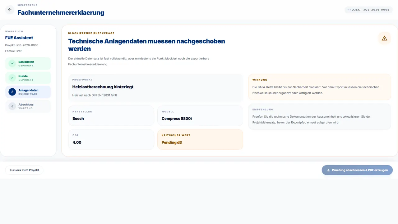 Blockierende Rückfrage: Heizlast nach DIN EN 12831 fehlt, Export ist gesperrt