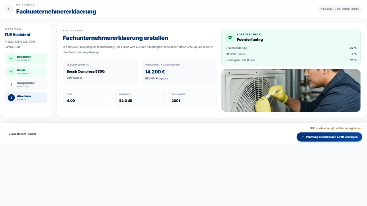 Erzeugte Fachunternehmererklärung als PDF in der Projektakte